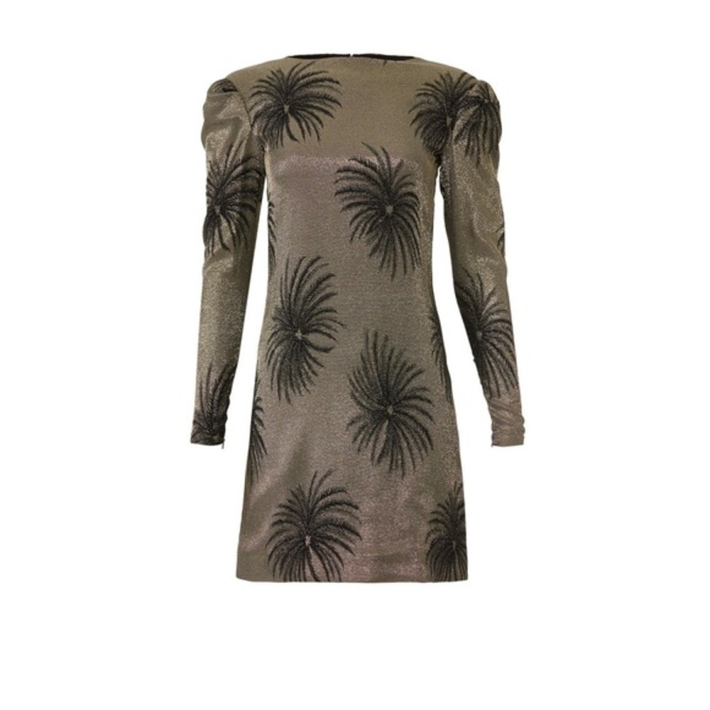 Victoria Beckham gold puff sleeve mini dress palms